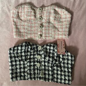 SHEIN Pink/White & Black/White Tweed Bustier Tops